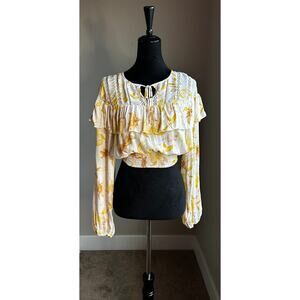 BAND OF GYPSIES Women's White Butter Yellow Floral Peasant Crop Blouse Size S